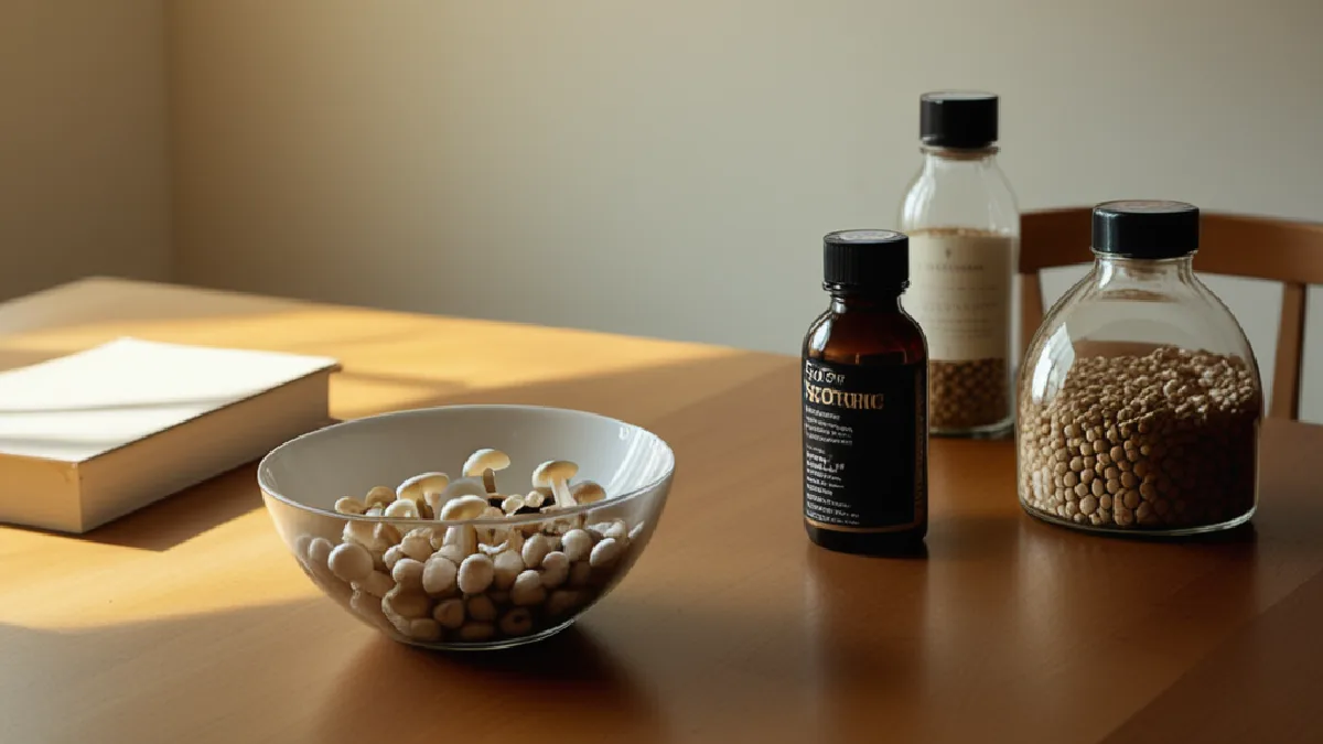 An unlabelled medicine bottle sits apart from psilocybin mushrooms in a softly lit gathering space, suggesting medication stigma.