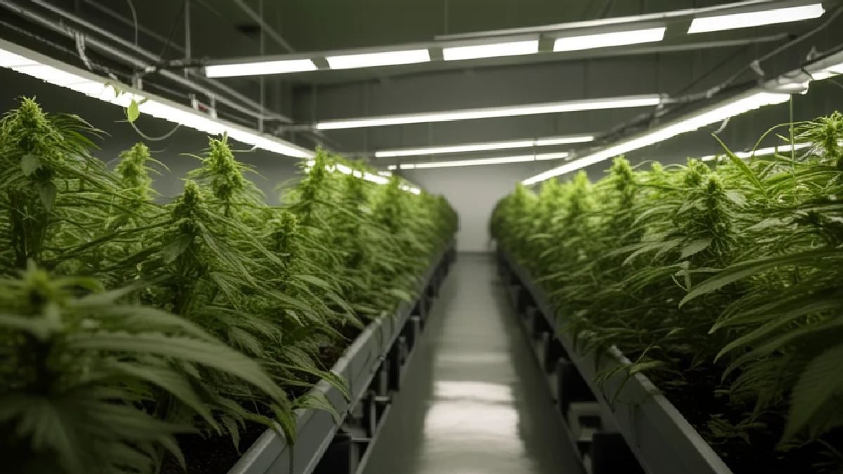 Gloved hands inspect cannabis plants and irrigation equipment, representing scrutiny of alleged illicit cultivation networks.