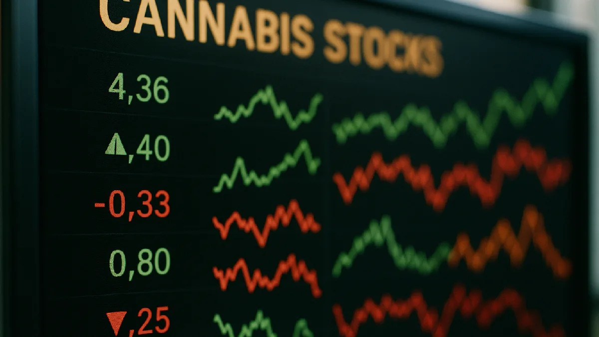 Close-up of a stock market screen showing cannabis stocks, illustrating the financial implications of corporate bids.