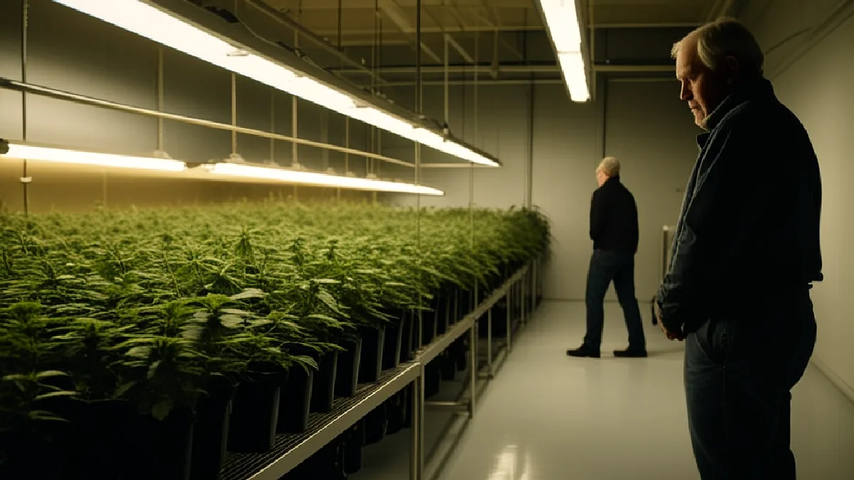Un trabajador cuida plantas maduras de cannabis en una sala controlada, mientras la autorización para las entregas locales sigue sujeta a las normas vigentes.
