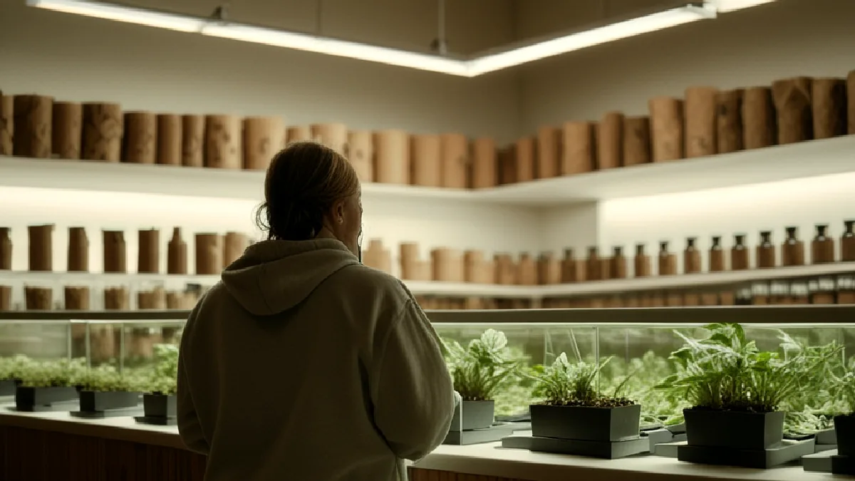 Faceless shoppers browse cannabis products inside a busy retail store near New Mexico’s Texas border.