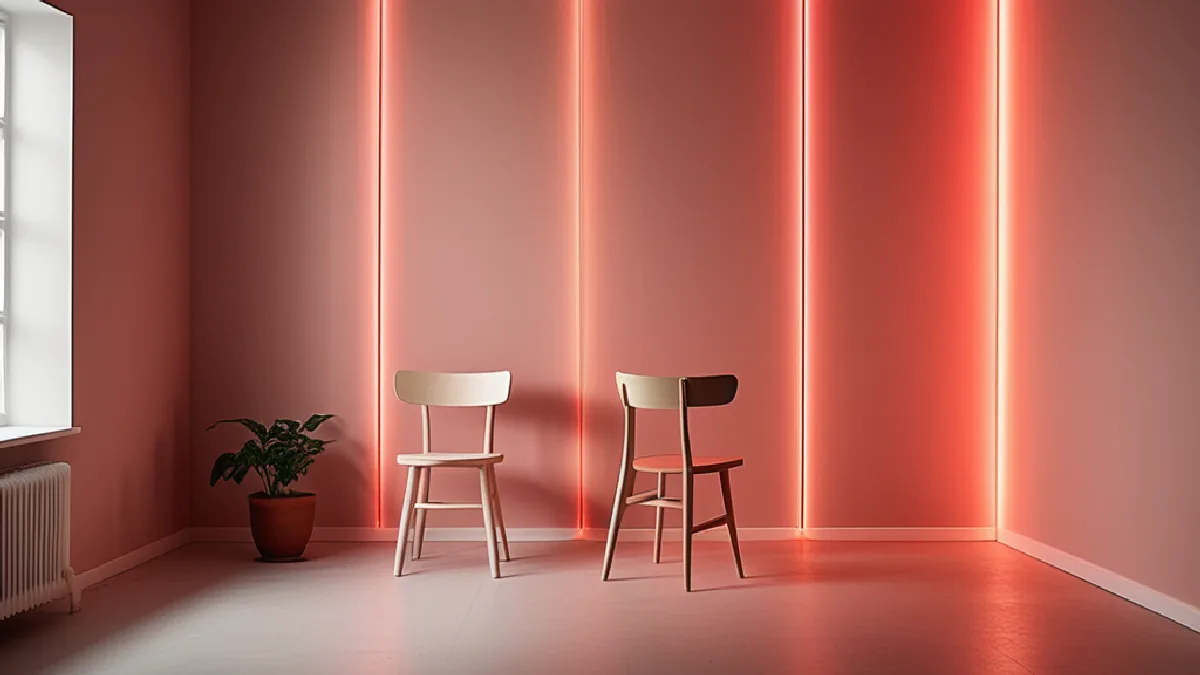 An empty chair and fading red glow evoke uncertainty and variable responses associated with intense psychedelic experiences.