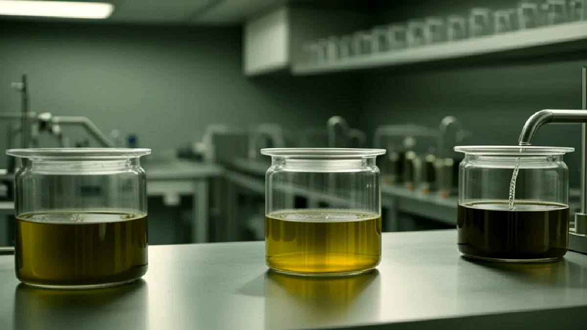 Gloved hands work with unlabelled laboratory glassware, evoking the conversion process associated with delta-8 production.
