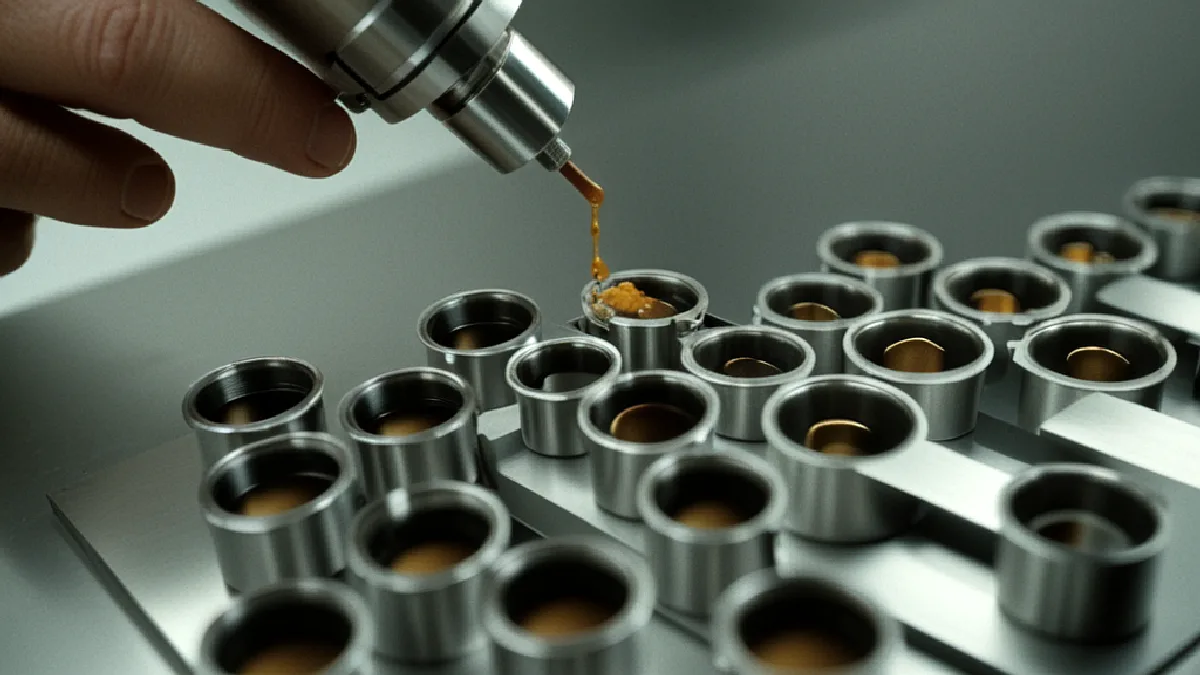Une main tenant un outil de distribution métallique verse un liquide brun épais dans l'un des nombreux petits cylindres métalliques posés sur un plateau.