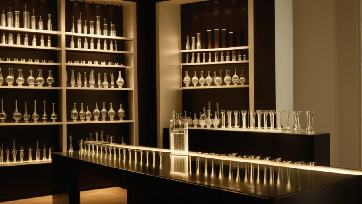 Gloved hands care for sculptural glass bongs in a private display room, highlighting their collectible artistic value.