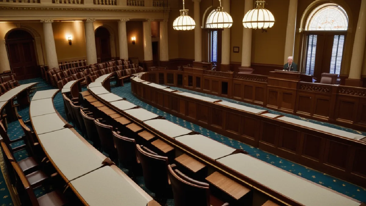 An empty South Dakota legislative chamber represents state lawmakers advancing a conditional psilocybin measure.