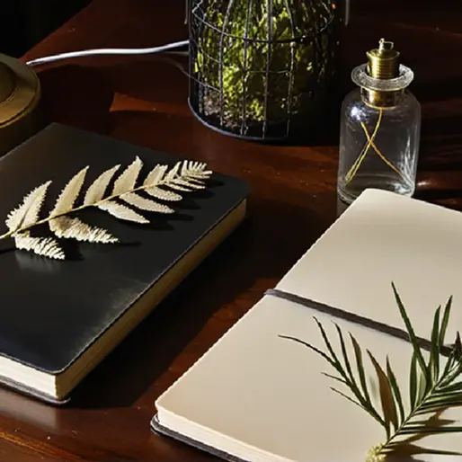 A dark wood desk with an open research notebook, vintage pen, and botanical glass vial representing plant medicine policy research.