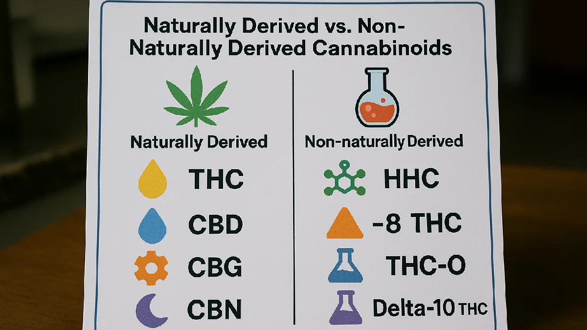 Infographic comparing naturally derived and non-naturally derived cannabinoids, highlighting key exemptions relevant to the federal hemp ban.