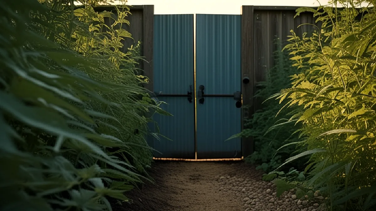 Two figures approach a secured cultivation entrance, evoking review, public input and possible implementation.