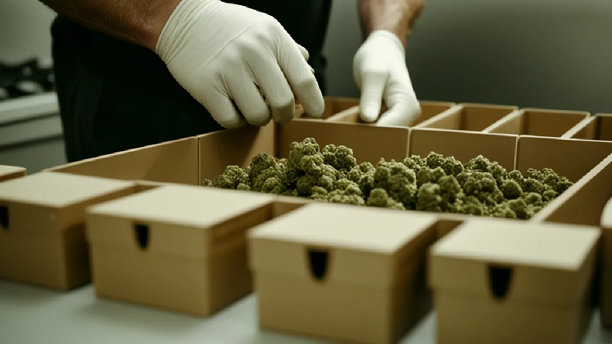 Gloved workers secure cannabis inventory in a controlled facility, illustrating delivery procedures and risk documentation.