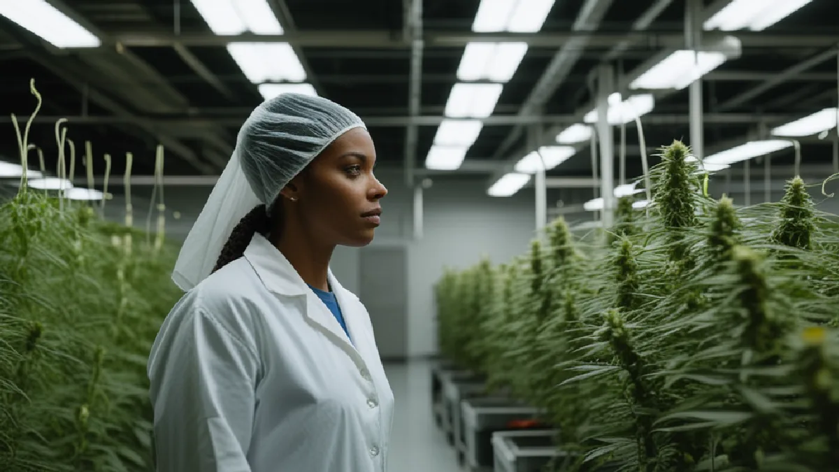 A vast indoor commercial cannabis growing canopy under bright lights with a technician viewed from behind.