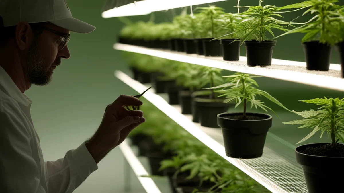 Researchers inspect cannabis plants in a controlled greenhouse, representing newly reported national consumption data.