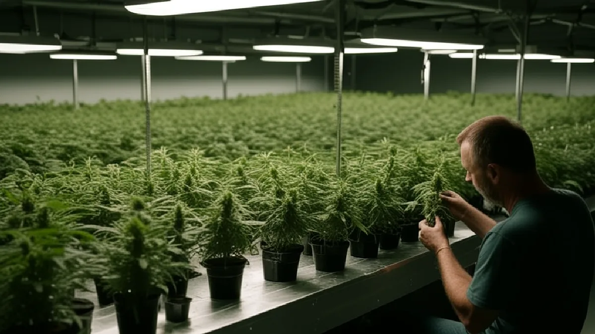 Gloved hands inspect flowering plants in a regulated indoor grow room after Canada’s legalization.