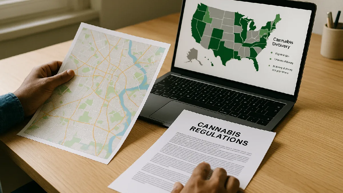 A person analyzing cannabis delivery regulations with documents and a laptop, representing the complexity of multi-state operations.