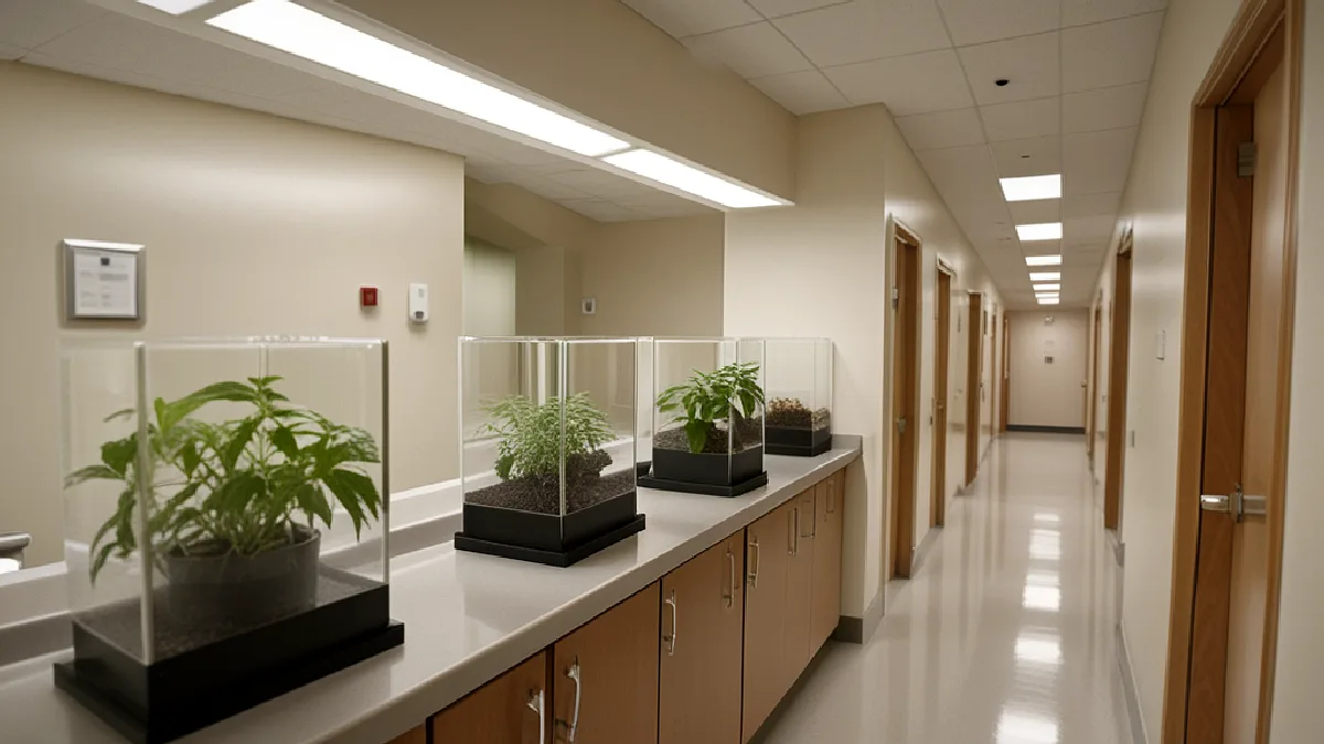 A symbolic VA clinic interior represents the proposed path from military medical diagnosis to cannabis access.