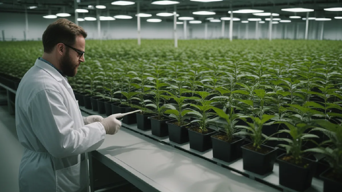 An anonymous operations worker overlooks organized cannabis production, symbolizing finance leadership across complex systems.