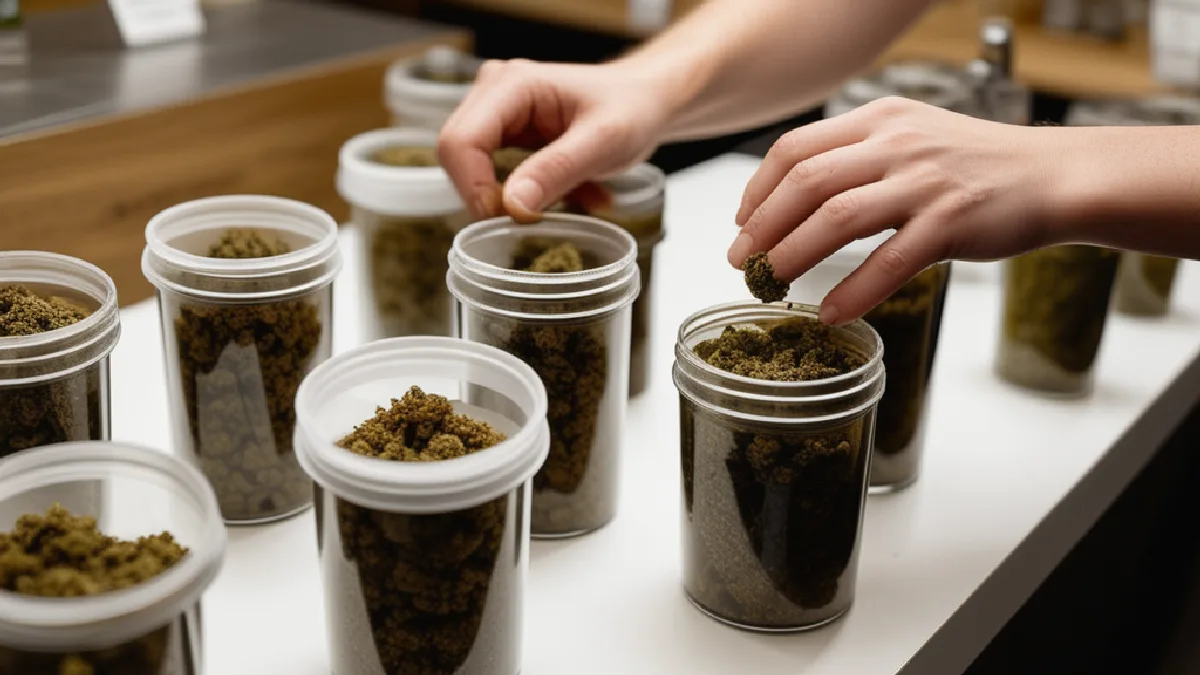 A dispensary worker organizes colorful cannabis formats, showing how flavor cues influence shelf merchandising.