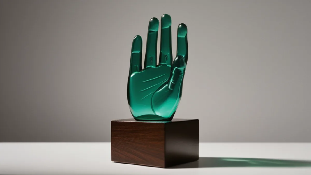A geometric emerald glass trophy sitting on a dark wooden podium under a soft spotlight.