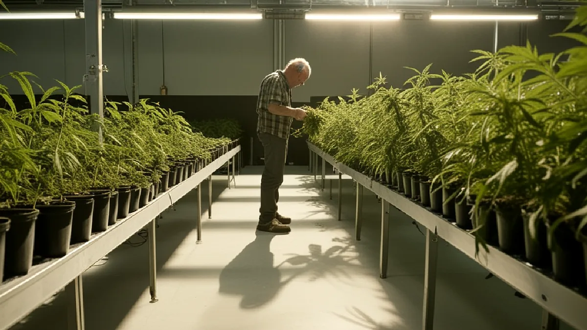 Gloved hands inspect mature cannabis flowers in a professional grow room, illustrating consumers’ engagement with policy.