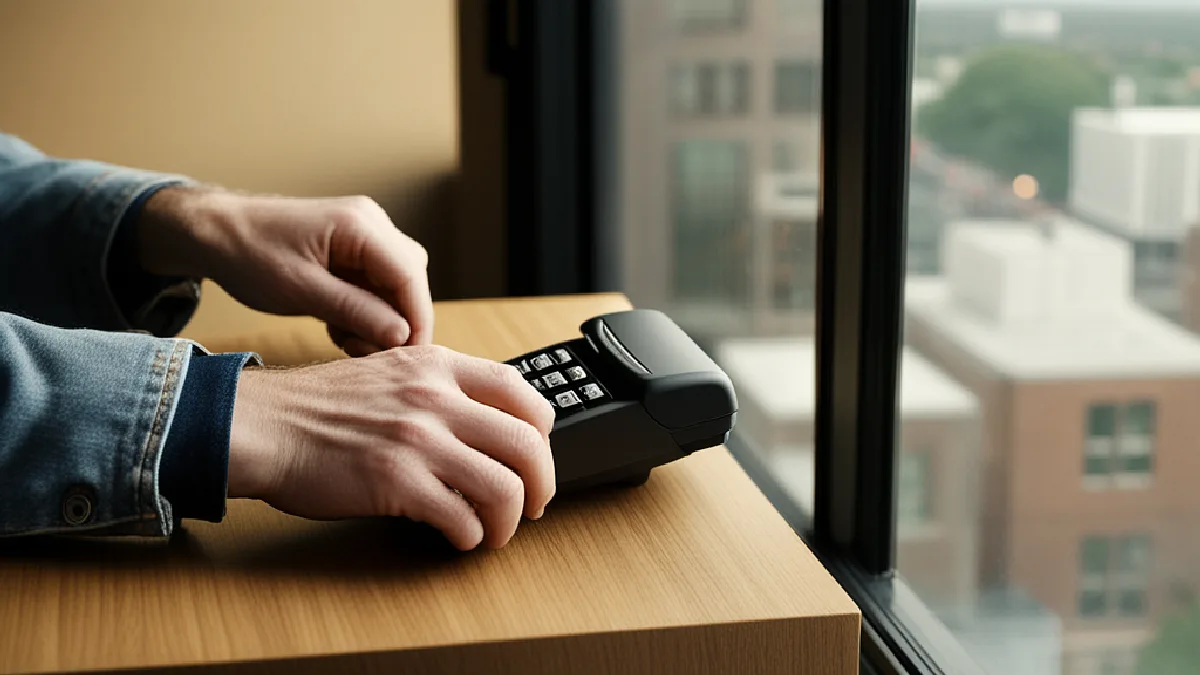 Hands configure payment equipment in a DMV cannabis-business workspace, illustrating infrastructure opportunities for delivery founders.