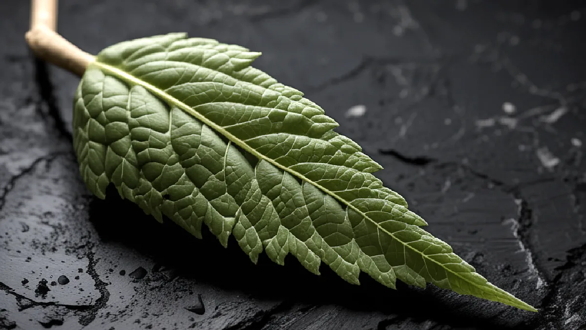 A cannabis leaf catches a narrow beam of light over dark stone, evoking fragile market gains and a prolonged stock decline.