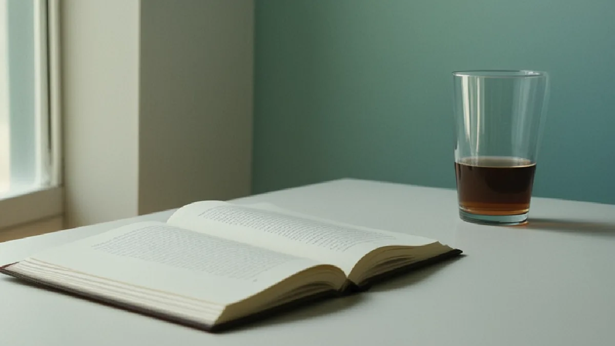 Hands fold a blanket beside water and an unmarked notebook, suggesting grounding and support after a psychedelic session.
