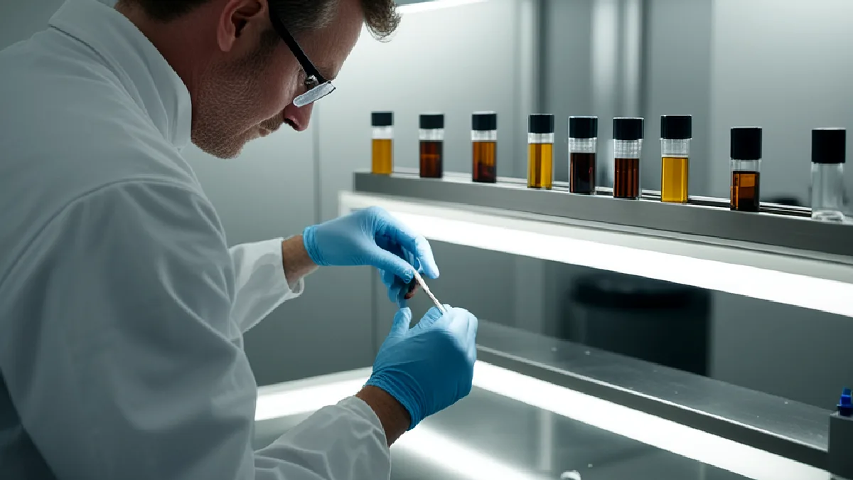 Un técnico con guantes prepara muestras de cannabis en un laboratorio, lo que sugiere posibles cambios en la comunicación de los análisis y en las prácticas de la industria.