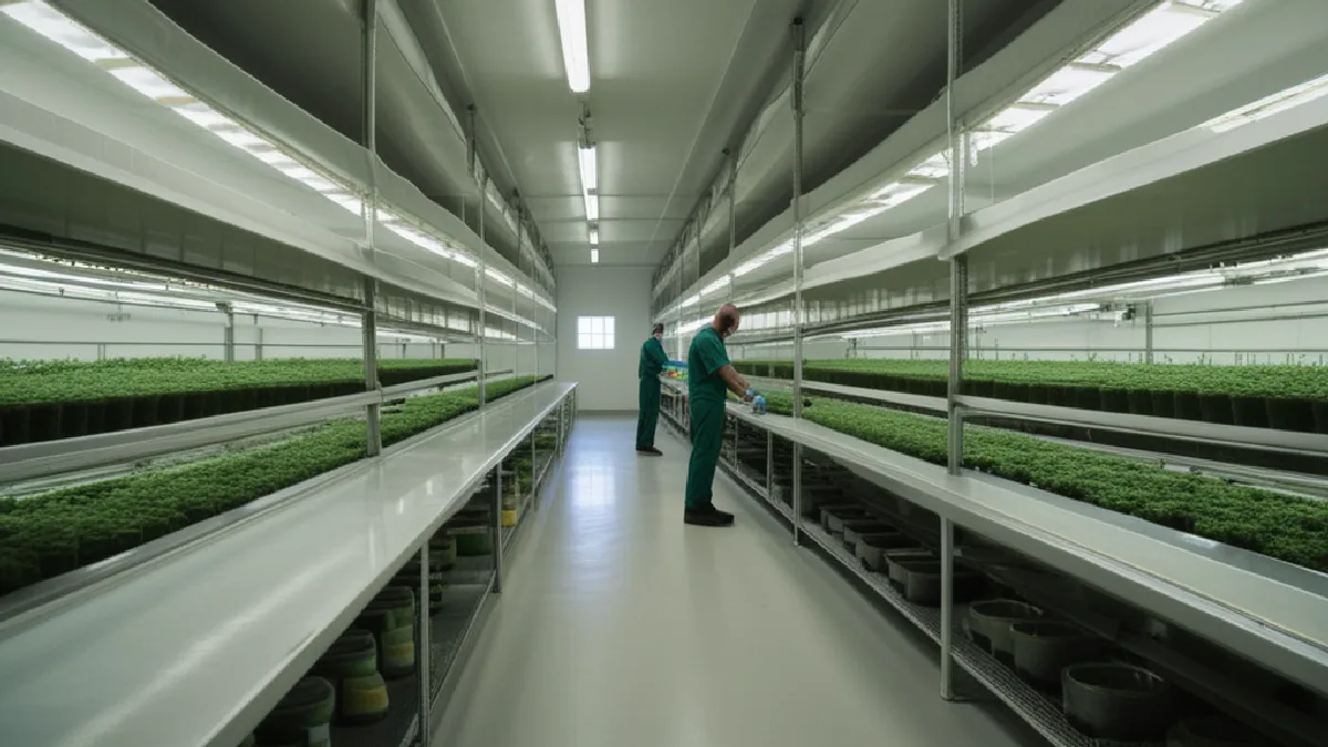 Cannabis plants and orderly distribution shelving share one facility, illustrating how consolidation can reshape supply downstream.