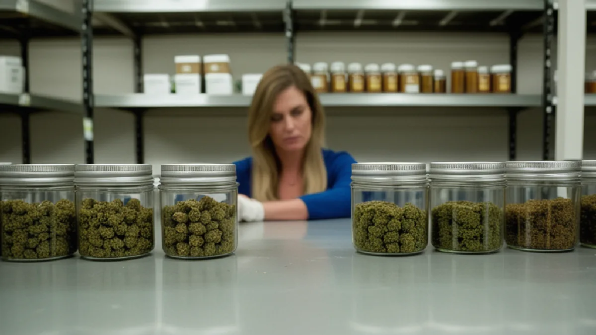 Gloved hands pause among stored cannabis products, representing inventory stranded by failed data migration.
