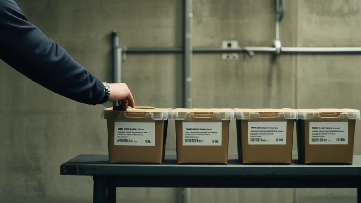 Courier secures unmarked cannabis packages in a locked case inside a facility loading bay.