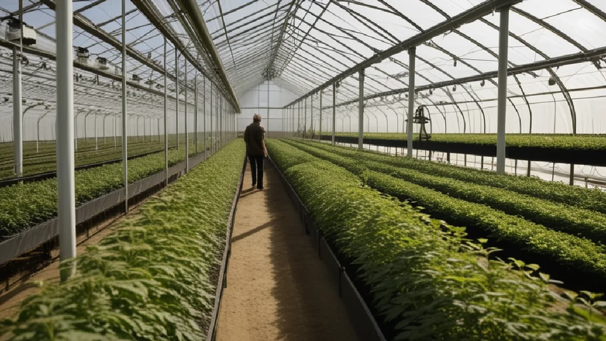 Rows of regulated cannabis plants in a greenhouse represent the varied licensing systems used across states.