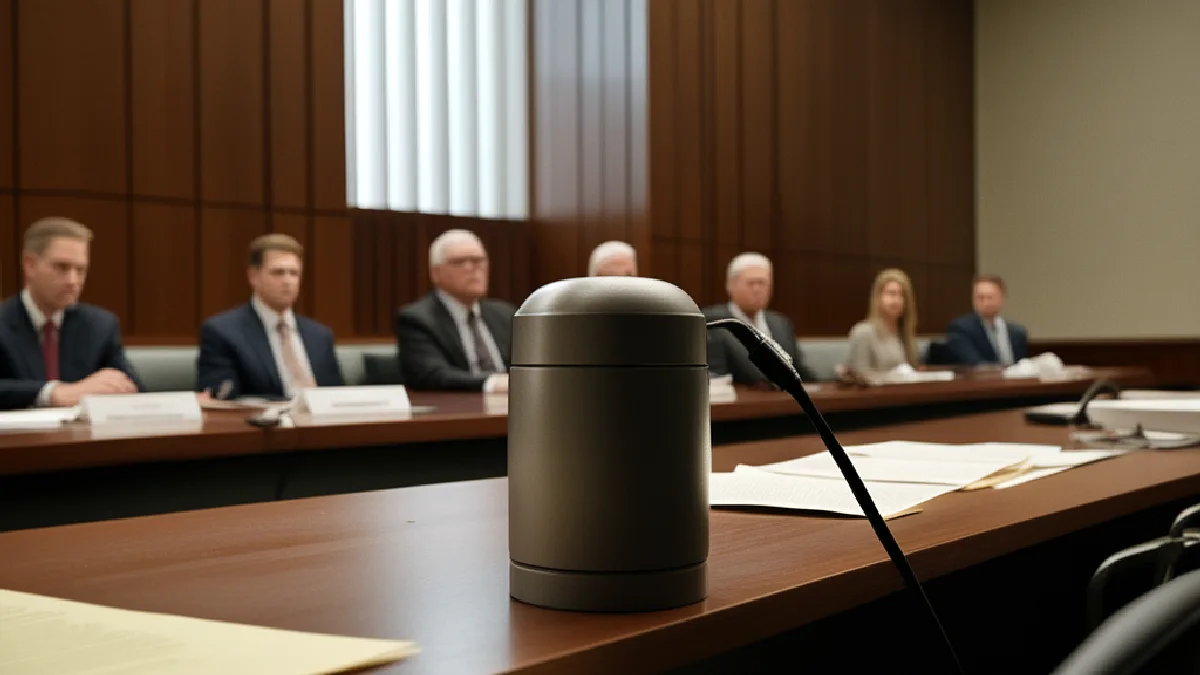 A faceless presiding official pauses a federal hearing in the DEA administrative setting.