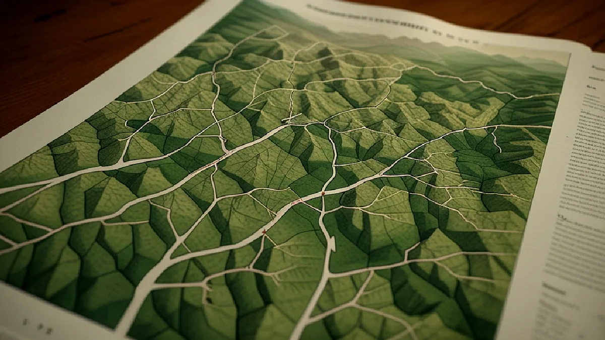 Paisaje crepuscular con regiones iluminadas de forma desigual que simbolizan la fragmentación de las políticas estatales sobre psicodélicos.