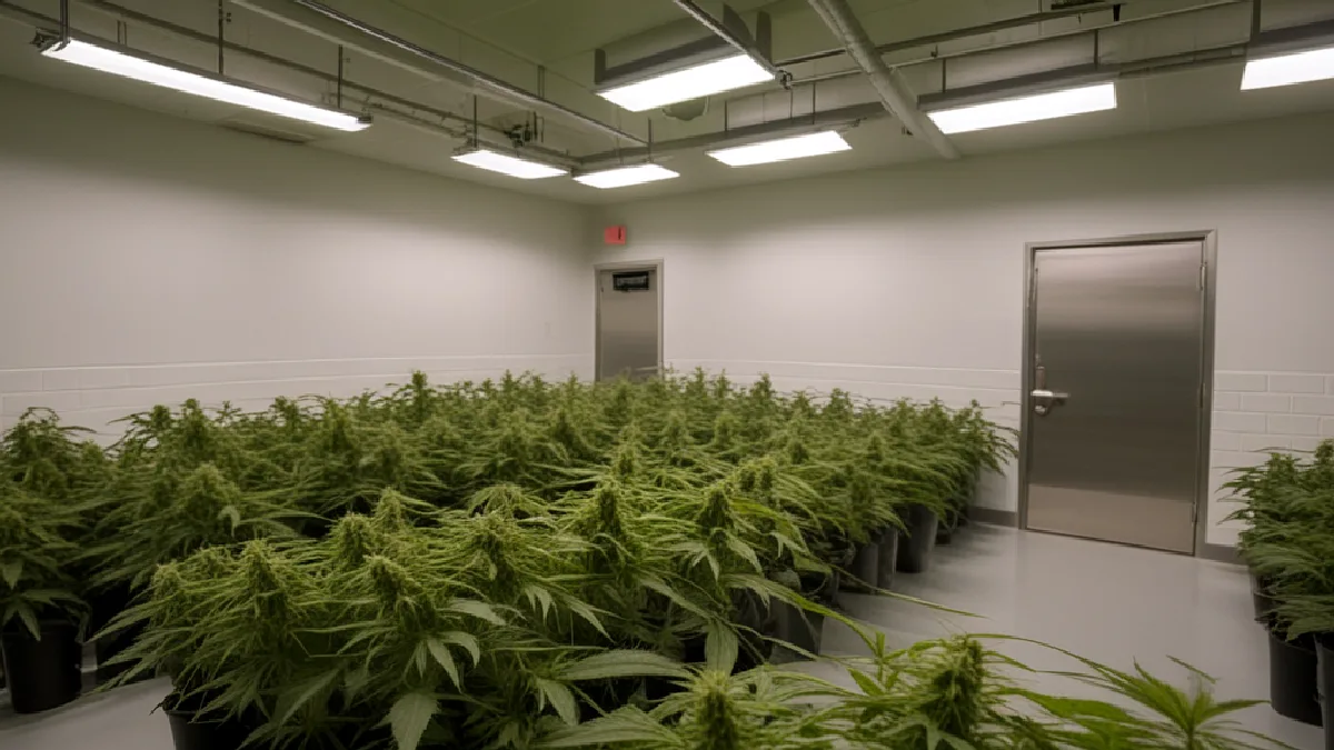 A gloved worker checks mature plants inside a secured Nebraska cultivation room as the medical program continues.