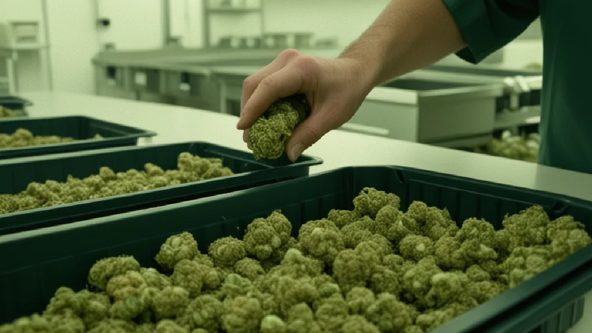 Gloved hands organize sealed cannabis containers in a secure facility, illustrating delivery compliance and operational safeguards.