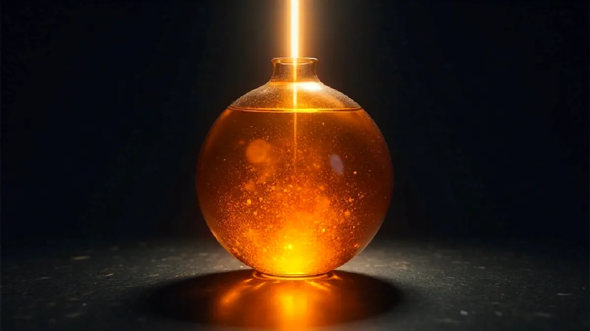 An indistinct amber droplet in shadow represents the limits of verified claims about 5-MeO-DMT.