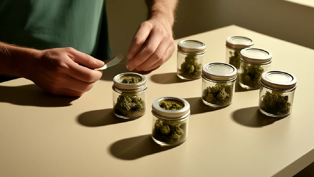 plain unlabelled glass jars of cannabis flower on a clean bench, illustrating how does the schedule iii delay impact cannabis business lending