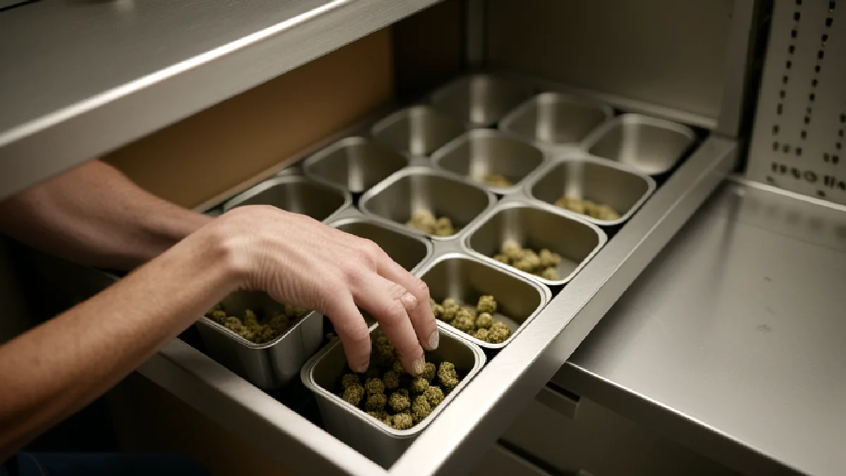 Workers inspect secure cannabis transport equipment and organized trays as delivery teams prepare for upcoming compliance checks.