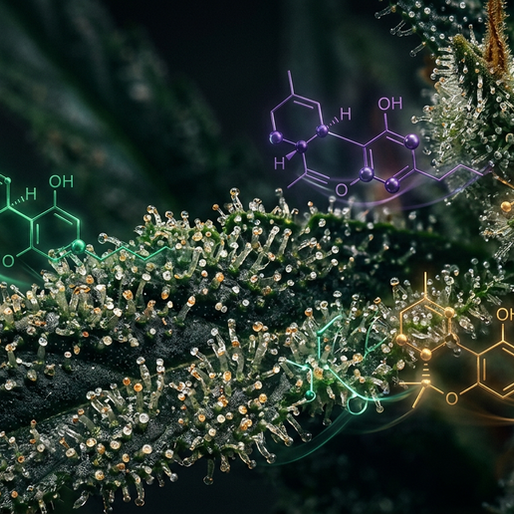 Macro cannabis trichomes with glowing molecular structures representing cannabinoid profiles THCA CBN live rosin