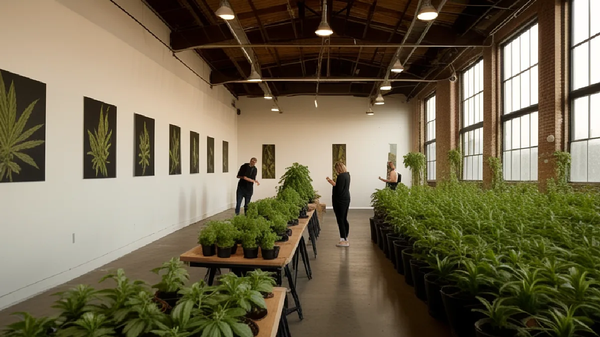 Des invités anonymes disposent des plants de cannabis à côté de tapis de yoga, de récipients à thé et d’œuvres d’art en direct dans un rassemblement lifestyle organisé dans un entrepôt.