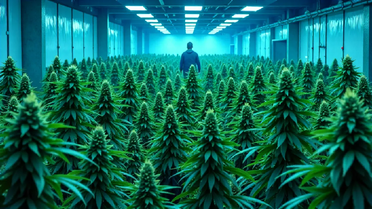Los trabajadores inspeccionan plantas de cannabis saludables en una instalación interior organizada que atiende a un pequeño negocio de cultivo.