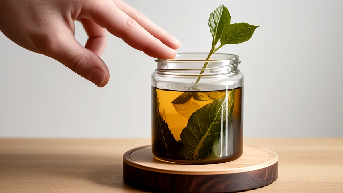A hand examining a glass bell jar of cannabis flower on a custom fluted wood and brass fixture.