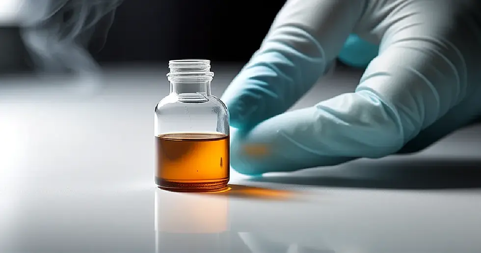 Unlabelled amber vial beside laboratory equipment represents research into medication for cannabis withdrawal.