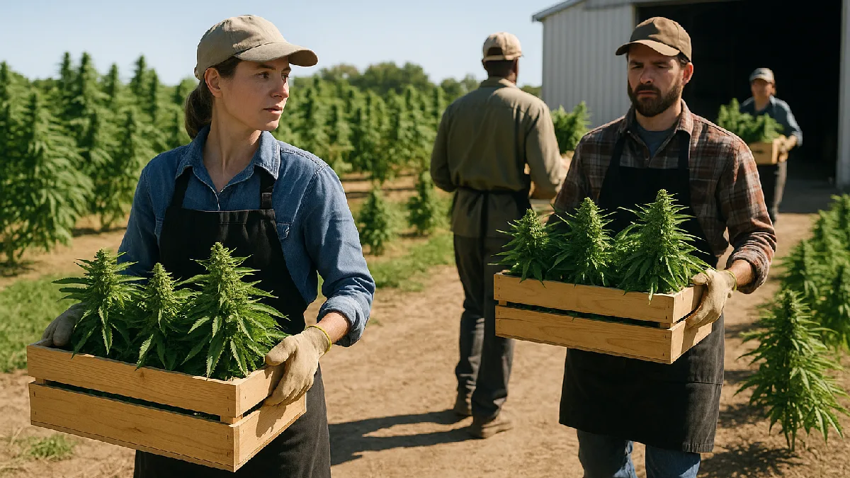 Agricultural workers transporting harvested sun-grown cannabis in wooden crates at a farm cooperative, depicting shared supply chain infrastructure.