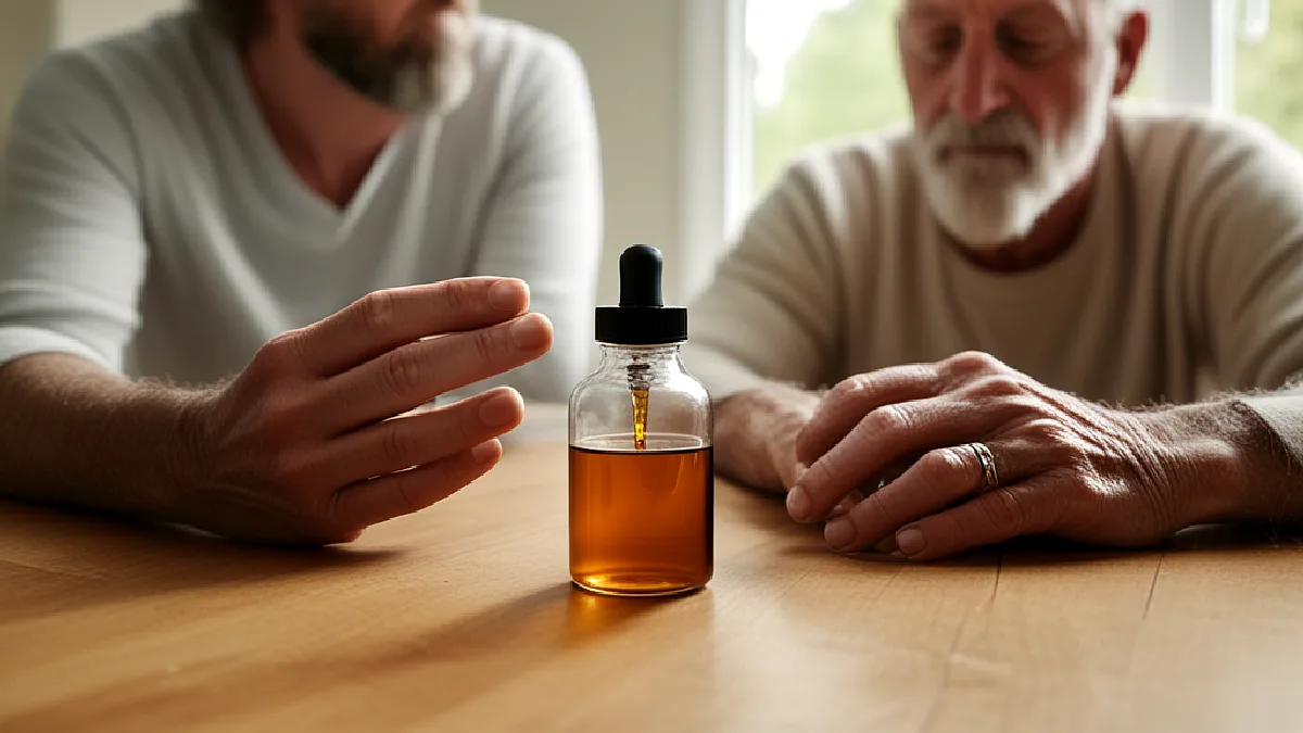 Hands discuss an unbranded cannabis device and bottle at home, emphasizing cautious use and consultation.