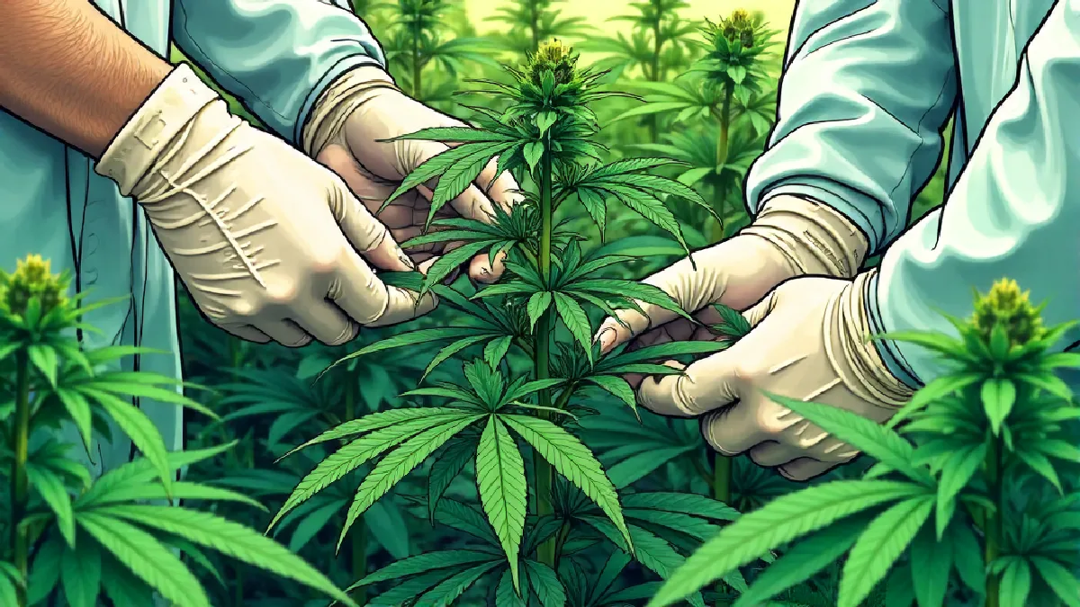 Gloved hands inspect medical cannabis plants in a secure facility during program preparations.