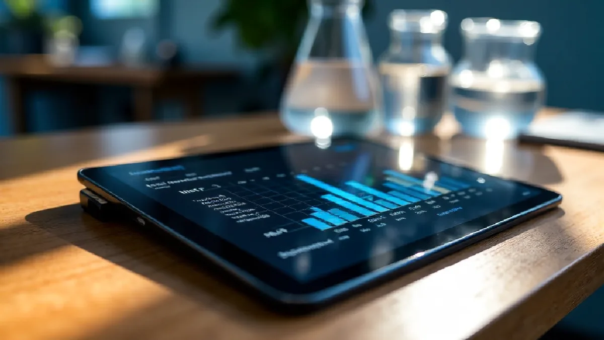 A modern laboratory desk with glowing neural graphs on a tablet and clinical equipment, illustrating current clinical research into microdosing.