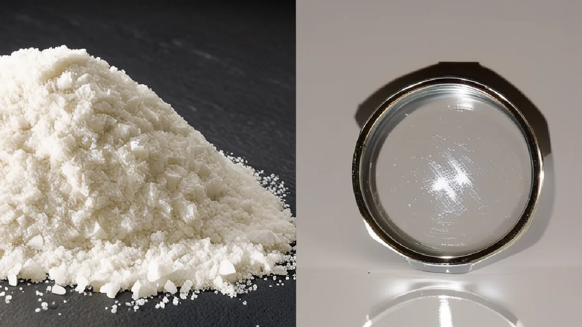 Fine off-white crystalline powder resting on a dark slate surface beside a glass chemical scoop, representing synthetic entactogen compounds.
