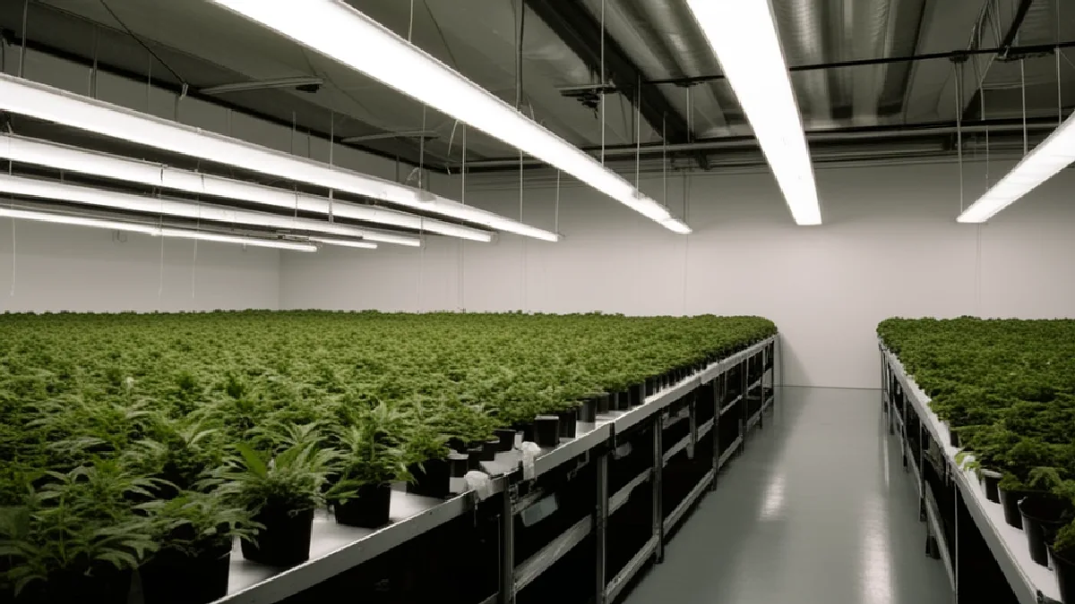 Flowering cannabis plants share a sealed industrial room with oversized cooling and security infrastructure.