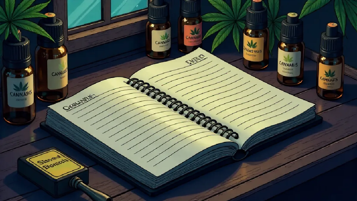 A calculator, financial ledger, and amber bottles of cannabis oil on a clean desk, highlighting tax policy impacts on businesses.